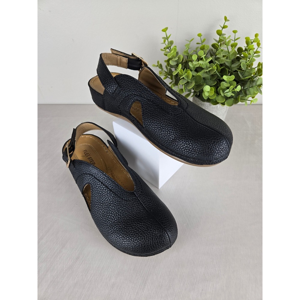 Flex Step Ripley Black Pebbled Slingback Wedge Sandals Womens 8.5 M
